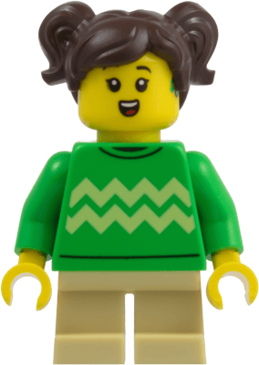 Child - Girl, Bright Green Sweater with Bright Light Yellow Zigzag Lines, Hearing Aid, Tan Short Legs, Dark Brown Hair with Pigtails