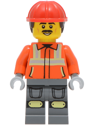 Construction Worker - Male, Reddish Orange Safety Jacket with Reflective Stripes, Dark Bluish Gray Legs with Knee Pads, Red Construction Helmet with Dark Brown Short Curly Hair, Moustache