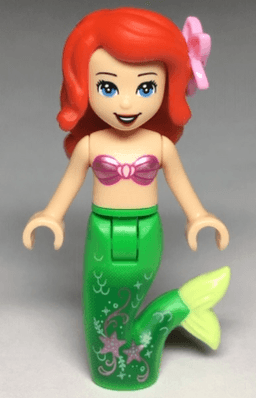 Ariel, Mermaid (Light Nougat) - Metallic Pink Shell Bra Top, Bright Green Tail with Stars and Scales, Medium Blue Eyes, Bright Pink Flower