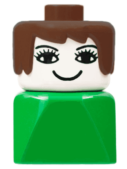 LEGO Duplo 2 x 2 x 2 Figure Brick Early Female on Green Base Brown Hair Eyelashes (dupfig007) minifigure