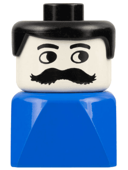 Duplo 2 x 2 x 2 Figure Brick Early, Male on Blue Base, Black Hair, Moustache