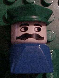 Duplo 2 x 2 x 2 Figure Brick Early, Male on Blue Base, Green Police Hat