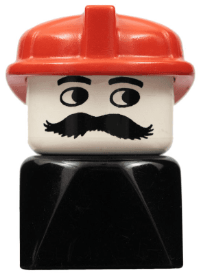 LEGO Duplo 2 x 2 x 2 Figure Brick Early Male on Black Base Moustache Red Hat (Firefighter) (dupfig022) Duplo Minifigure