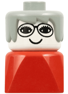 LEGO Duplo 2 x 2 x 2 Figure Brick Early Female on Red Base Gray Hair Glasses (Grandmother) (dupfig024) Duplo Minifigure