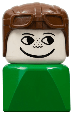 LEGO Duplo 2 x 2 x 2 Figure Brick Early Male on Green Base Brown Aviator Hat (dupfig025) Duplo Minifigure