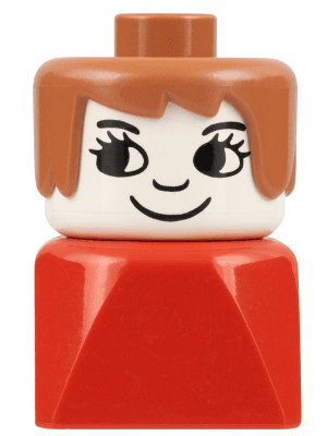 LEGO Duplo 2 x 2 x 2 Figure Brick Early Female on Red Base Fabuland Brown Hair Eyelashes Nose (dupfig030) Duplo Minifigure