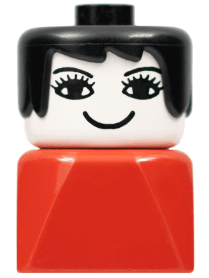 LEGO Duplo 2 x 2 x 2 Figure Brick Early Female on Red Base Black Hair Eyelashes Nose (dupfig034) Duplo Minifigure