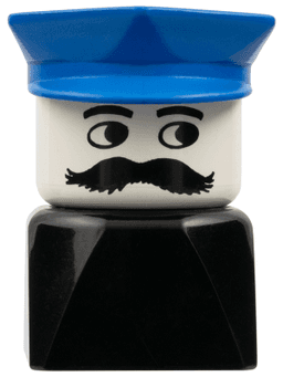 Duplo 2 x 2 x 2 Figure Brick Early, Male on Black Base, Blue Police Hat, Moustache