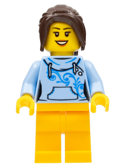 LEGO Female with Long Dark Brown Hair Bright Light Blue Hoodie and Bright Light Orange Legs (edu008) minifigure