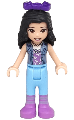 Friends Emma - Medium Lavender Top with White Birds, Sand Blue Vest, Medium Light Blue Trousers, Bow