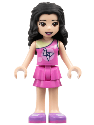 Friends Emma - Dark Pink Top with Bright Pink Circles and White Origami Crane over Yellowish Green Tank Top, Dark Pink Layered Skirt, Medium Lavender Shoes