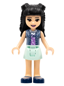 Friends Emma - Aqua Skirt, Sand Blue Vest, Black Hair with Braid Buns and Flower