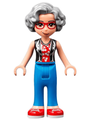 Friends Dottie - Blue Trousers with Red Shoes, Black Vest over Red Shirt with Cherries