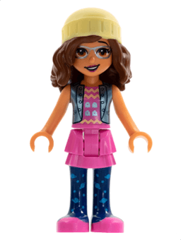 Friends Olivia (Nougat) - Dark Pink Skirt, Dark Blue Leggings, Bright Light Yellow Knit Cap
