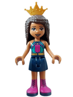Friends Andrea - Dark Turquoise Halter Top with Magenta Stripes and Dots, Dark Blue Skirt with Magenta Boots, Pearl Gold Tiara