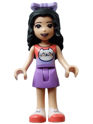Friends Emma - Coral and Lavender Top with Cat Head, Medium Lavender Skirt, White Shoes with Coral Soles, Lavender Bow