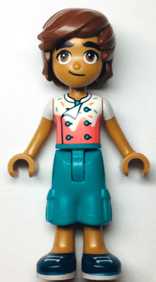 Friends Leo - White and Coral Chef Shirt with Sprinkles, Dark Turquoise Cropped Trousers, Dark Blue Shoes
