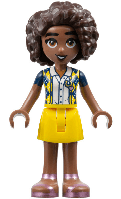 Friends Aliya - Dark Blue Vest with Diamonds over White Blouse, Yellow Skirt, Metallic Pink Sandals