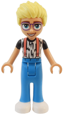 Friends Olly - White Shirt with Black Stripes, Coral Suspenders, Dark Azure Trousers, White Shoes