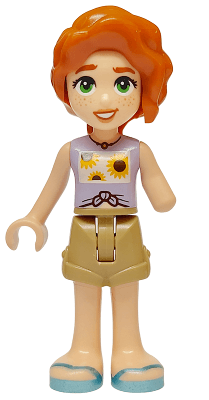 Friends Autumn - Lavender Vest with Sunflowers, Dark Tan Shorts, Metallic Light Blue Sandals