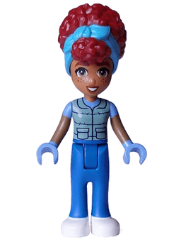 Friends Gabriela - Sand Green Vest over Medium Blue Shirt, Blue Trousers, White Shoes, Medium Azure Head Wrap