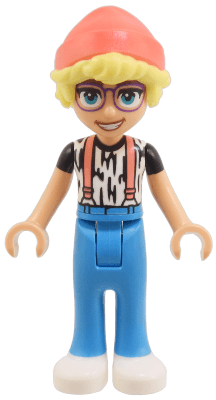 Friends Olly - White Shirt with Black Stripes, Coral Suspenders, Dark Azure Trousers, White Shoes, Coral Hat