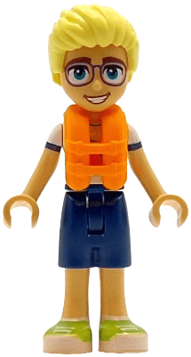 Friends Olly - White Shirt with Coral Scarf, Dark Blue Shorts, Lime Shoes, Orange Life Jacket
