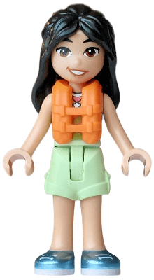 Friends Liann - Lime, Coral and Medium Azure Tank Top, Yellowish Green Shorts Folded Hem, Metallic Light Blue Shoes, Orange Life Jacket, Bright Pink Flower