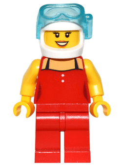 Red Female Top with 2 White Buttons and Black Straps, Red Legs, White Helmet, Scuba Mask, Dark Orange Lips, Open Mouth Smile