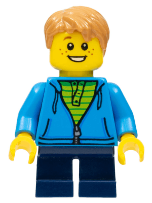 LEGO Boy Dark Azure Hoodie with Green Striped Shirt Dark Blue Short Legs Freckles Medium Noug (gen112) Promotional Minifigure