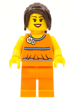 LEGO Orange Halter Top with Medium Blue Trim and Flowers Pattern Dark Brown Hair Ponytail Long with Side Bangs (hol015) minifigure