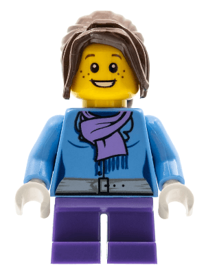 LEGO Medium Blue Jacket with Light Purple Scarf Dark Purple Short Legs Dark Brown Hair Ponytail Long (hol026) City Minifigure
