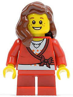 LEGO Sweater Cropped with Bow Heart Necklace Red Short Legs Reddish Brown Female Hair over Shoulder (hol031) minifigure