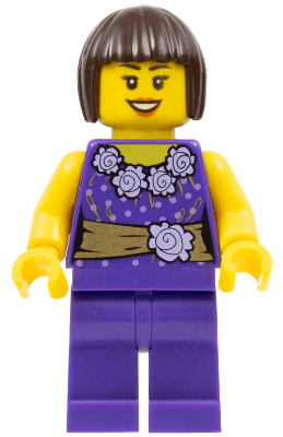 LEGO Female Dark Purple Blouse with Gold Sash and Flowers Dark Purple Legs Dark Brown Bob Cut Hair (hol053) City Minifigure