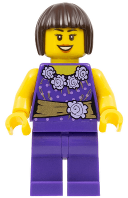 LEGO Female Dark Purple Blouse with Gold Sash and Flowers Dark Purple Legs Dark Brown Bob Cut Hair (hol053) minifigure