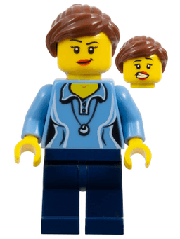 LEGO Medium Blue Female Shirt with Two Buttons and Shell Pendant Reddish Brown Ponytail and Swept Sideways Fringe (hol055) minifigure