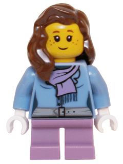 LEGO Medium Blue Jacket with Light Purple Scarf Medium Lavender Short Legs Reddish Brown Female Hair over Shoulder (hol059) minifigure