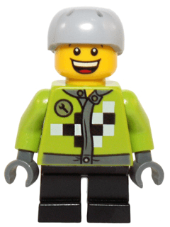 LEGO Lime Jacket with Wrench and Black and White Checkered Pattern Sports Helmet with Vent Holes (hol073) City Minifigure