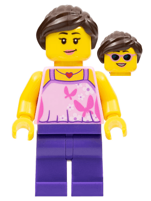 LEGO Girl Bright Pink Top with Butterflies and Flowers Dark Purple Legs Dark Brown Hair Ponytail and (hol083) City Minifigure