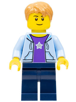 LEGO Boy Bright Light Blue Hoodie with White Star Medium Nougat Hair Short Tousled with Side Part (hol084) minifigure