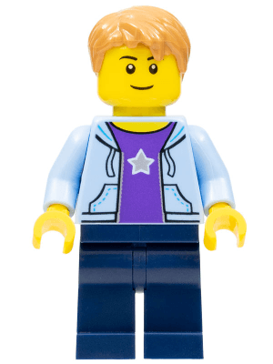 Boy, Bright Light Blue Hoodie with White Star, Dark Blue Legs, Medium Nougat Hair Short Tousled with Side Part