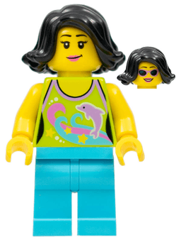 LEGO Female Lime Halter Top with Dolphin Pattern Medium Azure Legs Black Female Hair Short Swept Sideways (hol089) minifigure