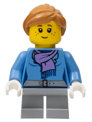 LEGO Medium Blue Jacket with Light Purple Scarf Light Bluish Gray Short Legs Freckles (hol099) City Minifigure
