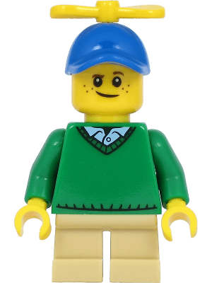 Boy - Freckles, Green Sweater V-Neck over Button Down Shirt Collar with 1 Button, Tan Short Legs, Blue Cap with Tiny Yellow Propeller
