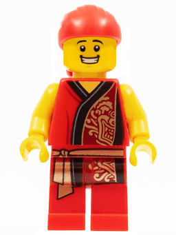 Lion Dance Musician, Red Head Wrap, Smile, Red Robe with Gold Dragon