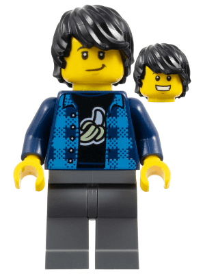 LEGO Man Black Hair Dark Azure Plaid Vest Dark Blue Banana Shirt (hol190) City Minifigure