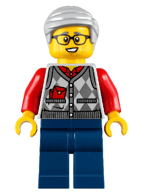 LEGO Grandfather Argyle Cardigan over Red Shirt Light Bluish Gray Hair (hol221) City Minifigure