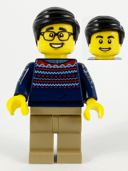 Man, Dark Blue Sweater, Dark Tan Legs, Black Hair, Glasses