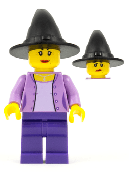 LEGO Woman Medium Lavender Jacket with Necklace Dark Purple Legs Black Wizard / Witch Hat (hol283) minifigure