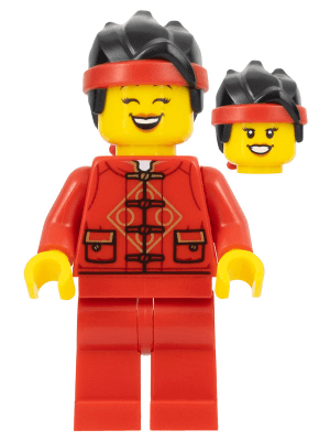 Lunar New Year Parade Participant - Female, Red Tang Jacket, Red Legs, Black Hair with Red Headband
